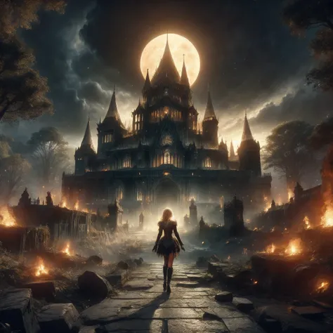 A spooky 3D scene of a haunted castle set against a dark, ghostly atmosphere. The rear view of a gothic blond girl, approximately in her late 30s with long, flowing blond hair, stands in the foreground. She wears a detailed steampunk-inspired outfit: a cor...