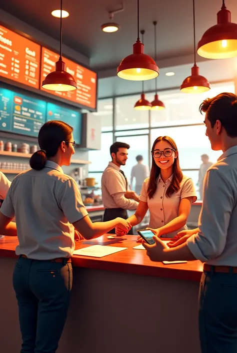 Create a Image that looks like billing customers at a burger shop.