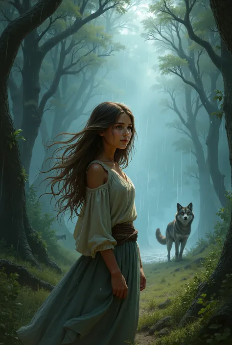 A brown-haired girl with brown skin. That she is in a forest during a storm and that in laymen you can see wolves