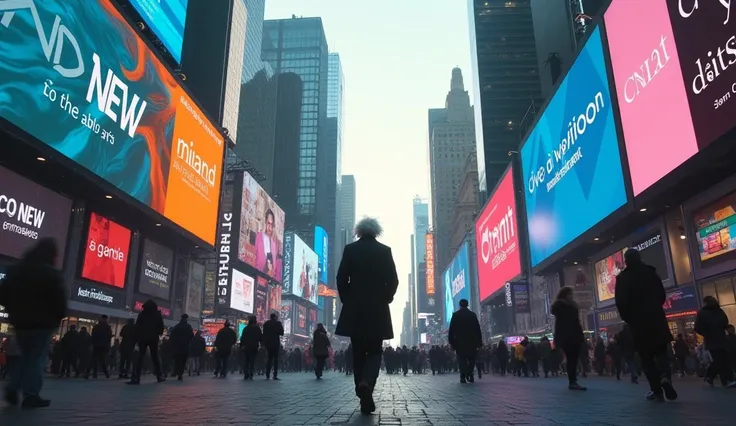 Einstein wanders into a bustling city, his eyes darting between massive digital billboards flashing AI-generated ads. A man yells at his phone’s virtual assistant, demanding answers. Another swipes through endless feeds of trivial content.