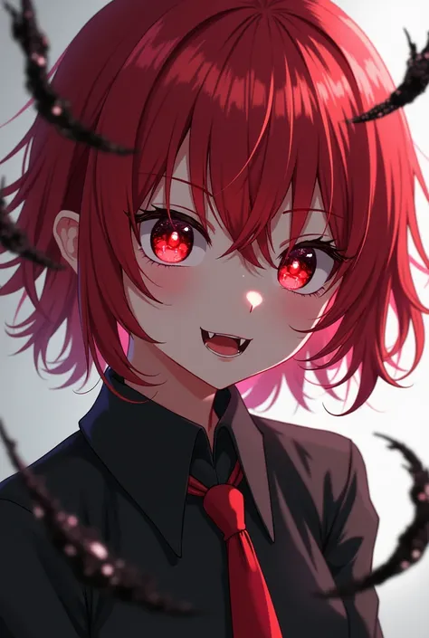 Anime girl with red hair,  and black sparkles besides messy, Ojos rojos, fangs and sharp tongue and wears 