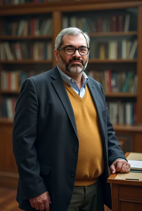 A person, university professor, 48 YEARS, 1,65,  wears glasses,  slightly overweight. 