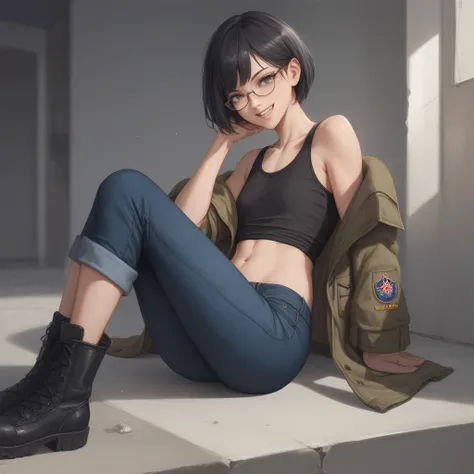 　 Small eyes, three white eyes, Alasaa　 Japanese　Glasses　Otaku　 1 woman　   black hair　  short bob　 　 teeth　smile　slender　   small boobs　  flat chest　　   toned body 　　 black tank top  　belly button　   concrete room under lay 　  military jacket black denim p...