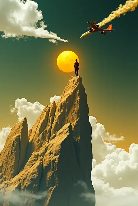 I want the person in this picture on top of a mountain where the sky is partly cloudy with yellow sun and still a plane. 