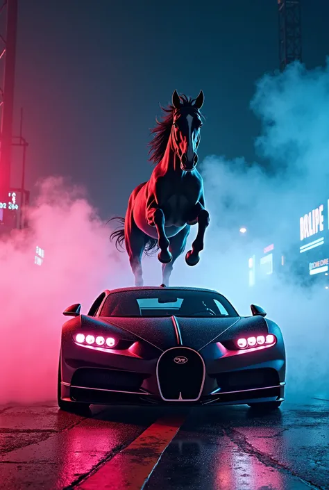 I want a cool phone wallpaper featuring a showjumping horse jumping over a bugatti BOLIDE with smoke and neon light everywhere make the horse small