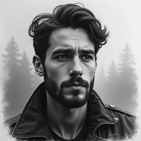  A charcoal portrait of a young man wearing a casual beard, fog in 