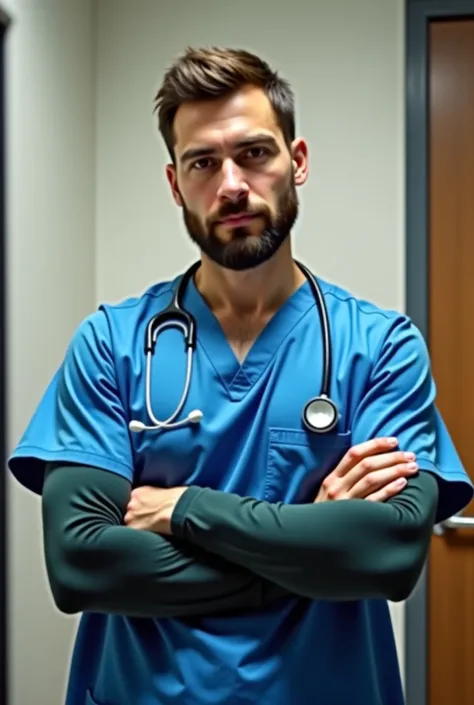 arafed male in scrubs taking a selfie in a mirror, doctor, arms crossed on chest, male physician, surgeon, doctors mirror, (doctor), surgical gown and scrubs on, posing with crossed arms, the doctor, wearing a hospital gown, foxish guy in a lab coat, medic...