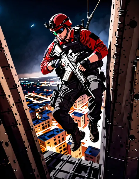 masterpiece, best quality, high res, highly detailed solo, male focus, a special ops soldier in a red swat uniform and black assault vest and black tactical gear, with matching boots and fingerless gloves, rappelling down from a stealth attack helicopter (...