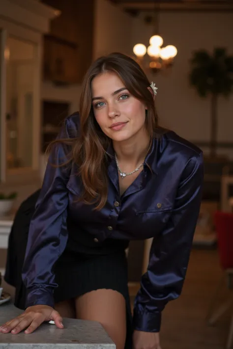       Realistic shot of a body portrait of a 24-year-old young German woman with long hair, For the Harry , single flower in hair   ,  necklace, smile.       She bends playfully in front of the camera in a shiny      , Metallic dark blue shirt with buttons...