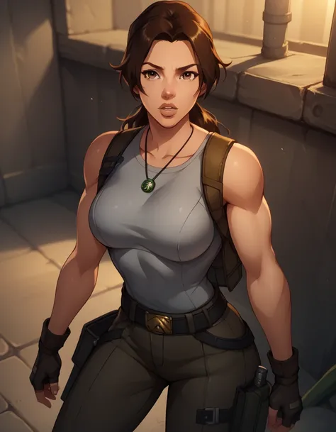 score_9, score_8_up, score_7_up,score_6_up, score_5_up, score_4_up ,
1girl, solo,
large breasts,
LaraDG,
long hair, ponytail, brown hair, brown eyes, 
fingerless gloves, boots, belt, pants, tank top, grey shirt, 
looking at viewer, parted lips, 
 