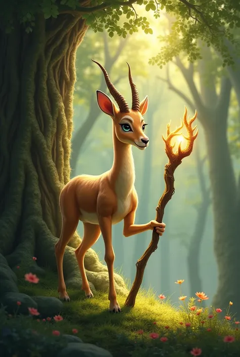 A gazelle with a magic staff near a tree in a forest 