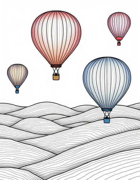 Make A breathtaking hot air balloon festival, with colorful balloons floating above rolling hills, everything done like line art. coloring page