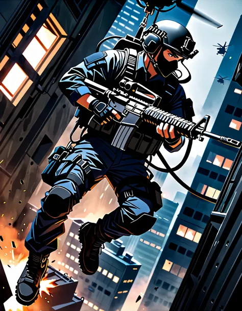 masterpiece, best quality, high res, highly detailed solo, male focus, a special ops soldier in a (blue military uniform and black assault vest and black tactical gear, with matching boots and fingerless gloves), (rappelling down from a stealth attack heli...