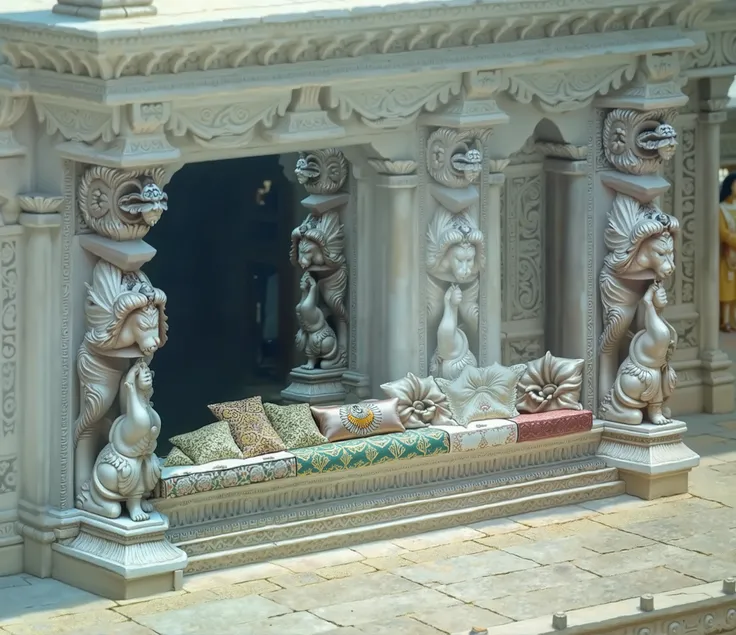 Create an intricate classical oil painting of a luxurious South Indian temple courtyard, focusing on an ornate lounging area surrounded by exquisite architectural details. The centerpiece is an opulent stone platform, adorned with intricately carved floral...