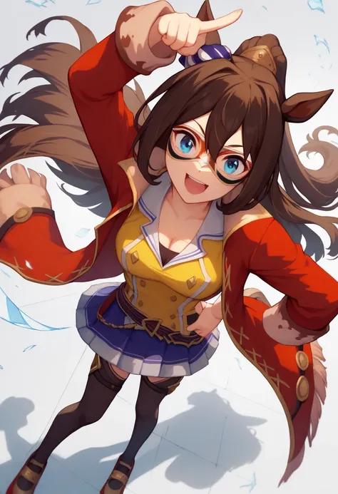 score_9, score_8_up, score_7_up, BREAK, best quality, masterpiece, very aesthetic, ultra detailed,very detailed background,BREAK,,zPDXL3,ECP,ECP_Race, 1girl, solo, long hair, bangs, blue eyes, brown hair, long sleeves, cleavage, ponytail, blue skirt,red ma...