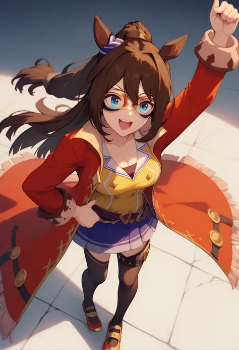 score_9, score_8_up, score_7_up, BREAK, best quality, masterpiece, very aesthetic, ultra detailed,very detailed background,BREAK,,zPDXL3,ECP,ECP_Race, 1girl, solo, long hair, bangs, blue eyes, brown hair, long sleeves, cleavage, ponytail, blue skirt,red ma...