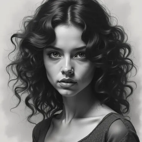 Charcoal portrait of a brunette girl with curly hair background 