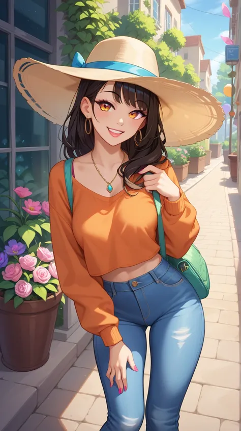 A discreet and casual image of an adult American woman in comic book style, smiling and appearing happy. She is dressed in casual and tasteful clothing, such as a blouse and jeans, with an aaproachable and friendly appearance. The background is vibrant and...