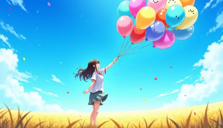 A high-detail anime-style illustration featuring a young woman standing in an open field under a bright blue sky, holding a bundle of colorful balloons. Each balloon has a simple, cheerful smiley face drawn on it, symbolizing happiness and connection. Her ...