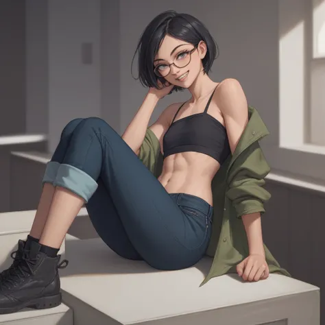 　 Small eyes, three white eyes, Alasaa　 Japanese　Glasses　Otaku　 1 woman　   black hair　  short bob　 sadist　teeth　smile　slender　   small boobs　  flat chest　　   toned body 　　dark green tube top   　belly button　   concrete room under lay 　   pilot jumper　 blac...