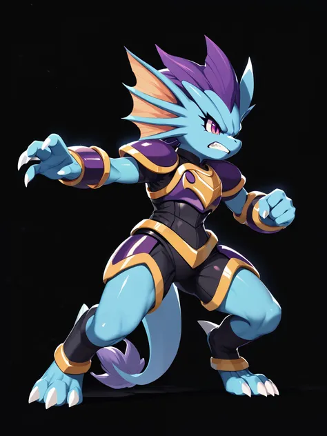 Anime, ((anime style)), solo drawing, solo, Three-Quarter view, ((Solid Black Background)), ((vivid purple eyes)), ((draconic ear frills)), ((head fin)), ((tall figure)), ((angry expression)), ((running pose:1.5)), ((digitigrade legs)), ((digitigrade feet)...