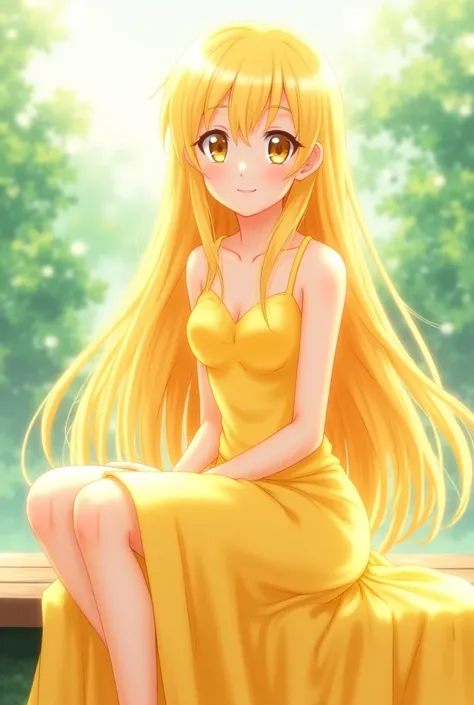 A  anime girl blonde hair reaching her waist wearing a yellow gown sitting on a bench with legs crossed and hands on knee smiling 