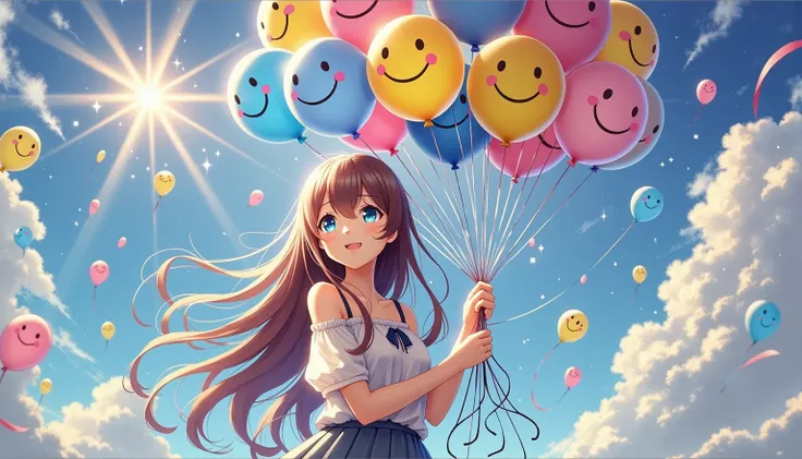 A high-detail anime-style illustration featuring a young woman standing in an open field under a bright blue sky, holding a bundle of colorful balloons. Each balloon has a simple, cheerful smiley face drawn on it, symbolizing happiness and connection. Her ...