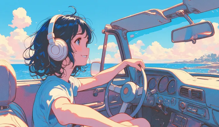  1980s comic ，rough pencil art ， A pretty asian girl with blue-shimmering black hair, a blue T-shirt, and white headphones sitting in the cabin of a cabriolet car, in a moment of tranquility, quietly smiling gazing at the horizon. In the background, the sk...