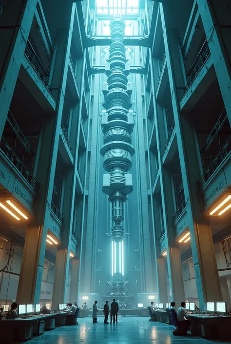 Image of a futuristic quantum energy tower 20 m high, it is located in the middle and inside a huge building. The tower radiates a little light in its center. Alternators with rectifier bridges are present on either side of the tower, electrical cables lea...