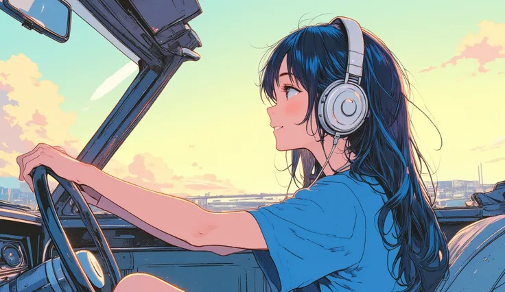  1980s comic ，rough pencil art ， A pretty asian girl with blue-shimmering black hair, a blue T-shirt, and white headphones sitting in the cabin of a cabriolet car, in a moment of tranquility, quietly smiling gazing at the horizon. In the background, the sk...