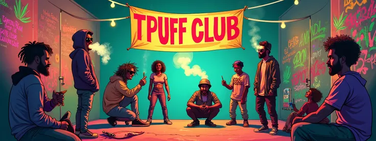 Create a semi-cartoonish digital illustration for a community banner titled 'TPUFF CLUB.' The scene should depict a vibrant cannabis-friendly gathering spot with a large banner displaying 'TPUFF CLUB.' The atmosphere is energetic yet chill, set in an urban...