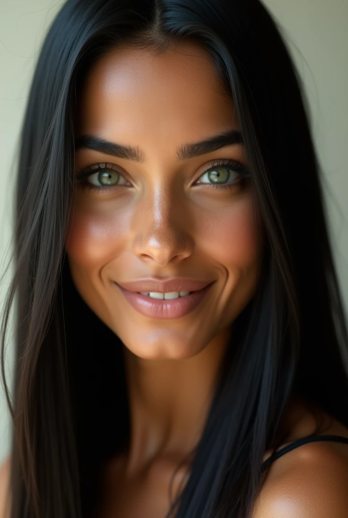 Make an extremely beautiful Brazilian woman green eyes long straight black hair with dimples