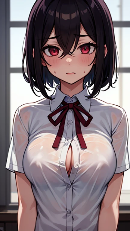 ( Masterpiece, top quality,   Details),  1 girl, Alone,  indoors,   night ,  upper body, sweat,  ahegao:1.4,  look away, Boobs showing nipples , wet shirt,
 Mikasa Ackerman  ,  neck ribbon,   remove all buttons on collared shirts,  school uniform ,