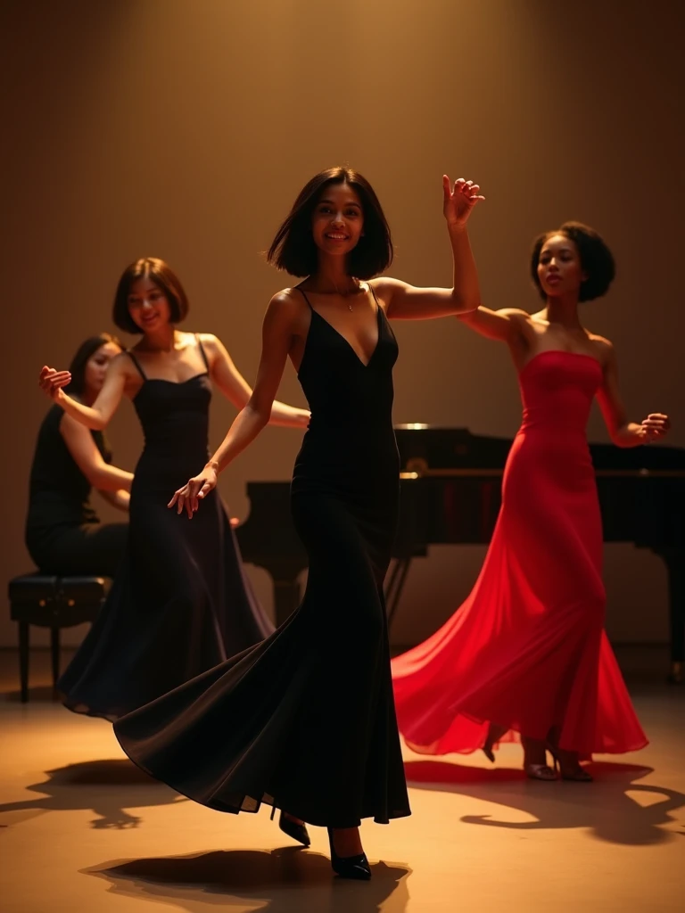 Amanda, a stunning woman with medium-length jet-black hair styled in a sleek bob, is dancing gracefully with three other women on the floor, fully immersed in the rhythm of the music. She wears an elegant black evening dress that highlights her sharp featu...