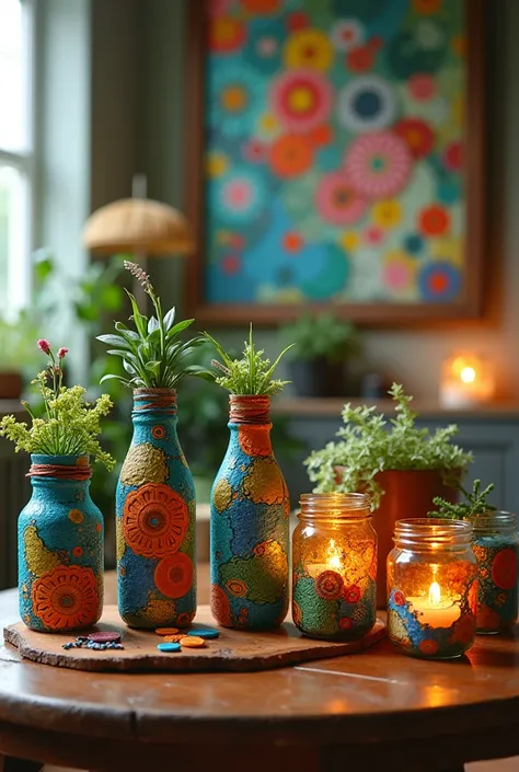 Home décor (plastic bottle planters, jar candles, wall art)