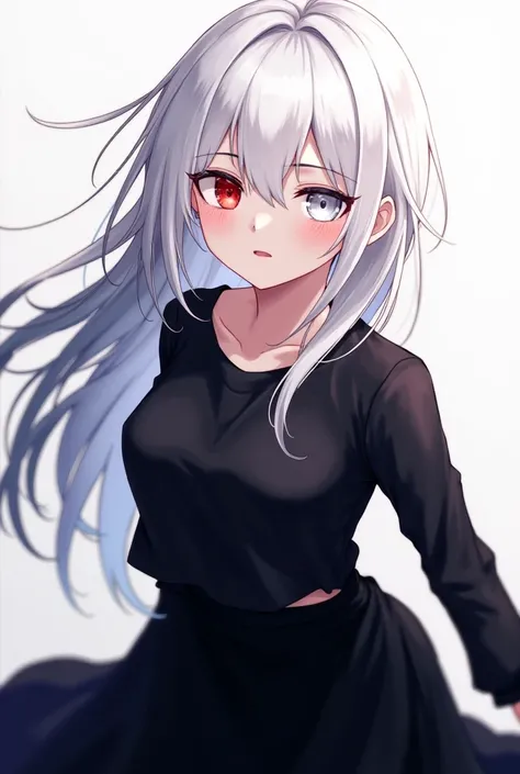 Let it be an anime girl who has a red eye and a white eye, white hair and black highlights, a black shirt, a black skirt.