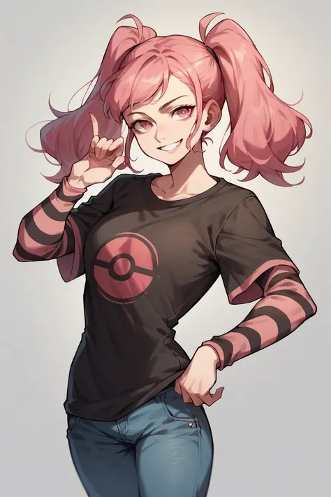 1 girl, solo, black short sleeve t-shirt, layered sleeves, white long sleeves, jeans, defHilda, pink hair, pink eyes, twintails, black t-shirt over white long sleeves, confident smile