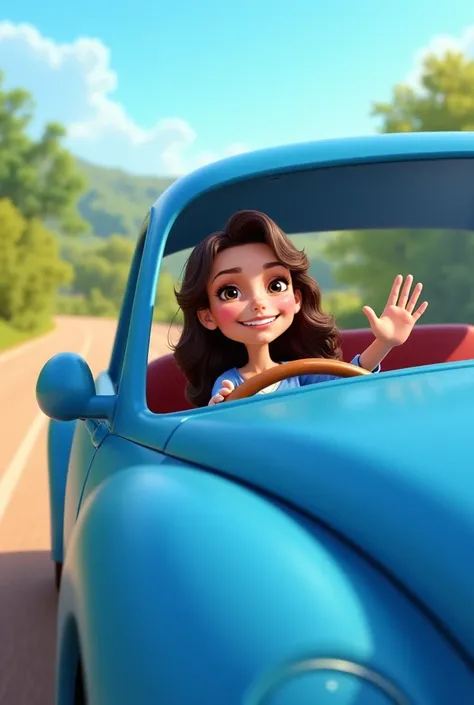 Generate animated image: blue car in front of you on the road,  with a white woman from Trigueña,  black eyes,  long hair, brown, curly, 35 years old, with perfect hands waving from inside the car