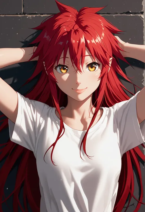  score_9,  score_8_arriba,  score_7_arriba, source_animated, 1 girl, Alone, 
Mari Setagaya, human-form, 1 girl, Alone,  long hair ,  looking at the spectator,  smile, shirt, Ojos rojos, Red hair,  Arms behind the head ,
