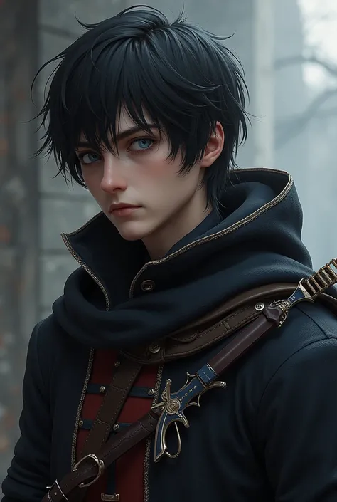  Create a 22-year-old male thief character in medieval style inspired by the video game Thief without a hood without weapons Short Hair, Black Hair, blue eyes, mentre tira con l’arco

High Resolution, 