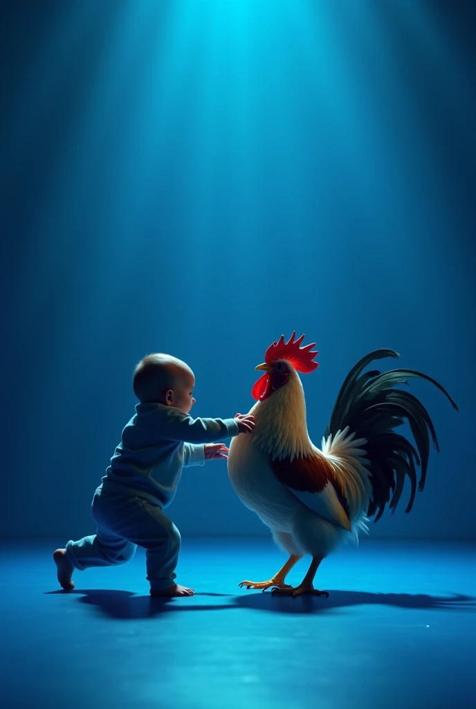  The baby punches and pats the rooster in succession, The rooster flaps its wings ,  and gives the baby successive legs ,  an intense blue stage , With spotlights with white lights,  a smooth intense blue floor ,  with light reflections on the ground 