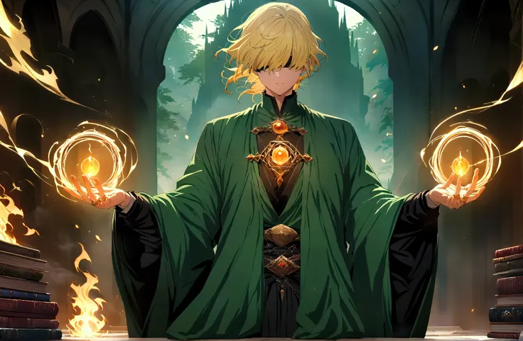 ((( Masterpiece, Max Image Quality))),(((Male magician wearing a green robe, blond hair, and hidden eyes))),((((Spell rings)))),epic,Only one person,Focus on yourself,Light Background,anime,books