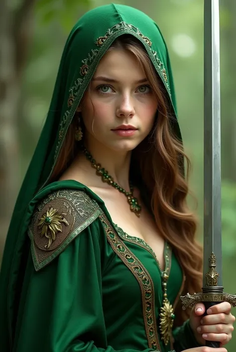 Generate a picture with a girl, white-skinned ,  green eyes and long hair ,  undulating, brown-haired woman with green reflections ,  dressed in a green warrior dress,  with a green lace veil on her head and a sword in her hand 