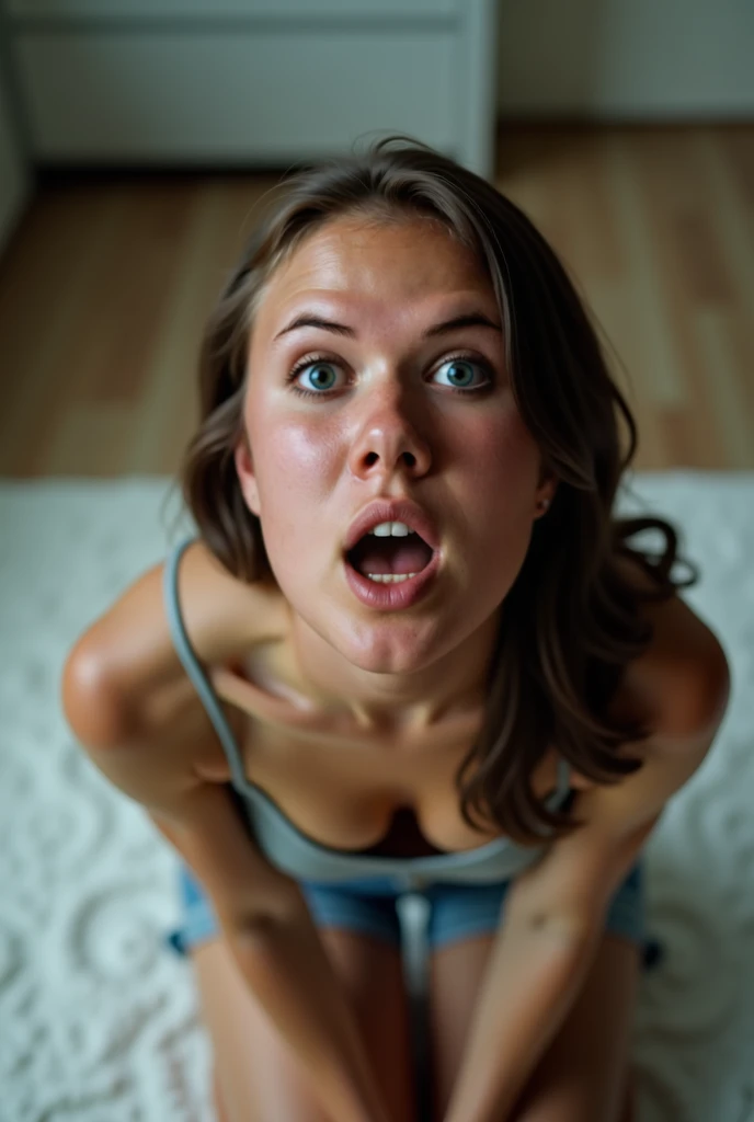 Girl's shoked after see a men's dick,top down POV kneeling on the floor with her mouth open