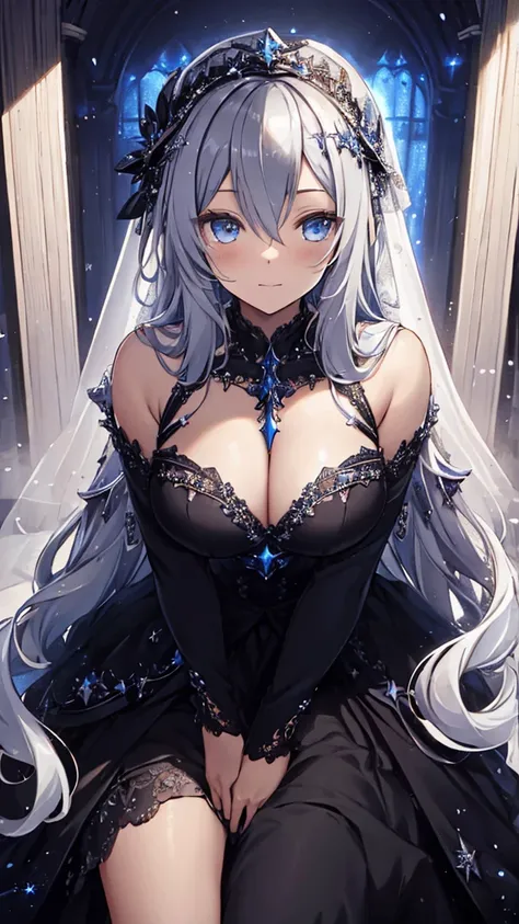  in the seat, ((( Super Detail))), (( Masterpiece)), (( illustration )),  sensual, Starlight Saint ,  Black Ornament Dress,  Curvy Woman , Head Veil, Long silver hair,  white skin,  droopy eyes ,  Starry Eyes Like a Night Sky ,  bust up,  facing front