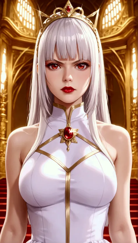 1 ,    alone,    masterpiece,    high quality,   ultra realistic, silky hair,  white hair fringe   , intense red eyes   , goddess,   long white dress  ,   sleeveless  ,  Gold crown on the head , jewelry,   red lipstick,  a strong aura surrounding you  ,  l...