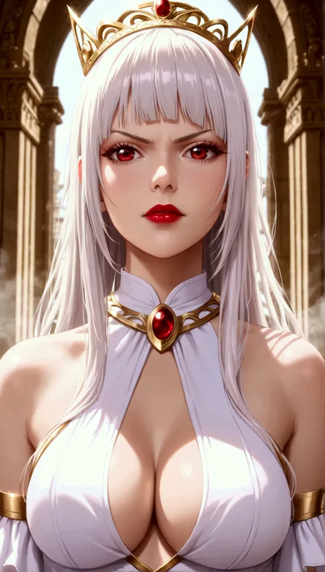 1 ,    alone,    masterpiece,    high quality,   ultra realistic, silky hair,  white hair fringe   , intense red eyes   , goddess,   long white dress  ,   sleeveless  ,  Gold crown on the head , jewelry,   red lipstick,  a strong aura surrounding you  ,  l...