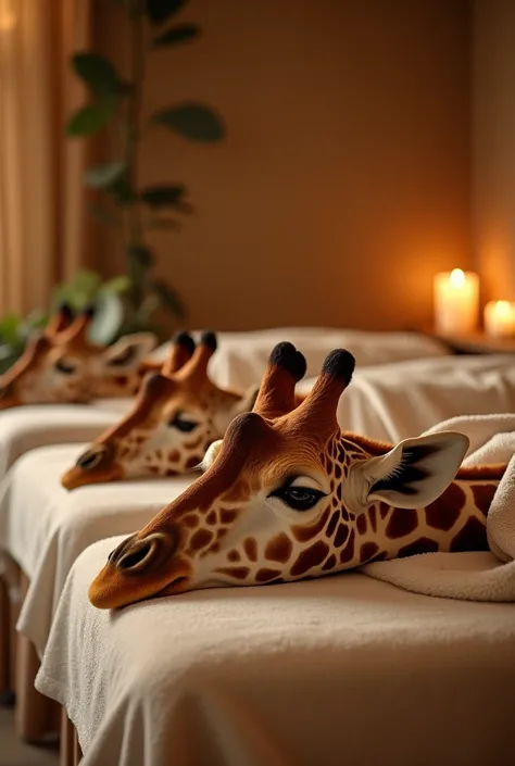 translation:

 “A luxurious spa retreat designed exclusively for giraffes .  The camera moves smoothly through the tranquil environment , capturing the serene atmosphere .  Several giraffes lie face down on soft massage tables ,  with their long necks eleg...