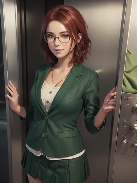  close-up ,  upper body . Short,  red hair ,  green eyes,  metallic glasses, green blazer, green skirt , a smiling 15-year-old girl is standing in the elevator. ( masterpiece,  top quality ,  Best quality,  official art ,  beautiful and aesthetic:1.2),  ex...