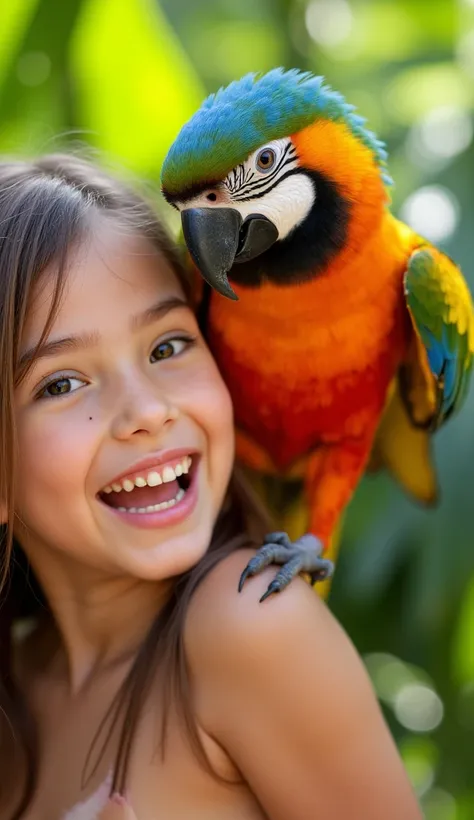 The parrot chirps in the girl's ear, the girl giggles